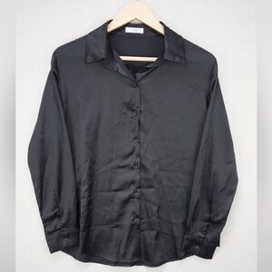 Satin Button Down Elegant Black Shirt